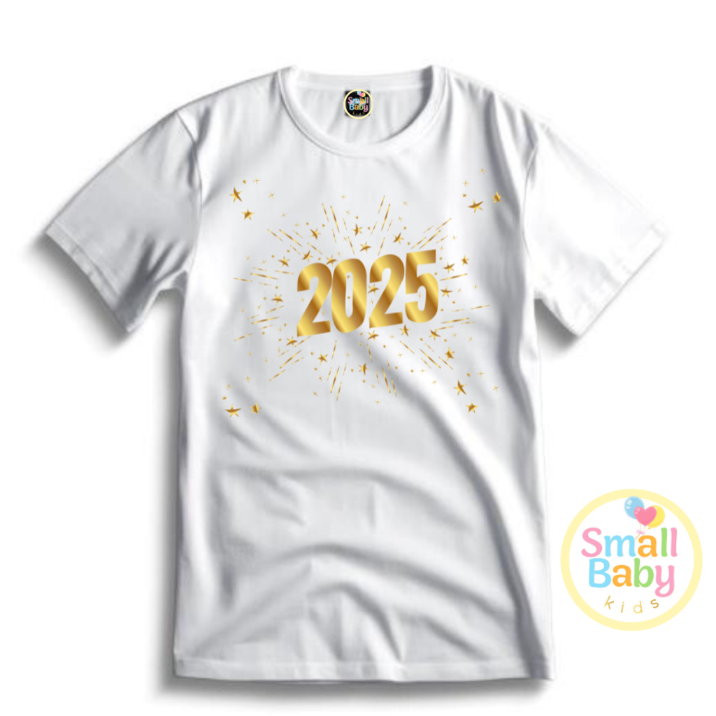 Camisa /Camiseta Infantl /Juvenil Unissex Feliz Ano novo 2025 Dourado Em Algodão