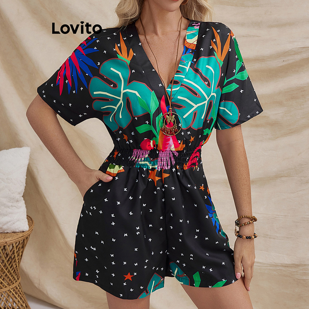 Lovito Macacão Boho Tribal Print Smocked para mulheres LBL18721 - Women Clothes