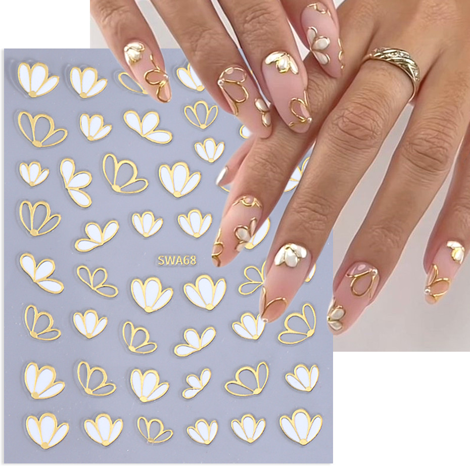 Flor De Ouro Branco 3D Adesivos De Unhas Bronzeamento Metálico Pétalas Florais Listras Francesas Linhas DIY Primavera Ve
