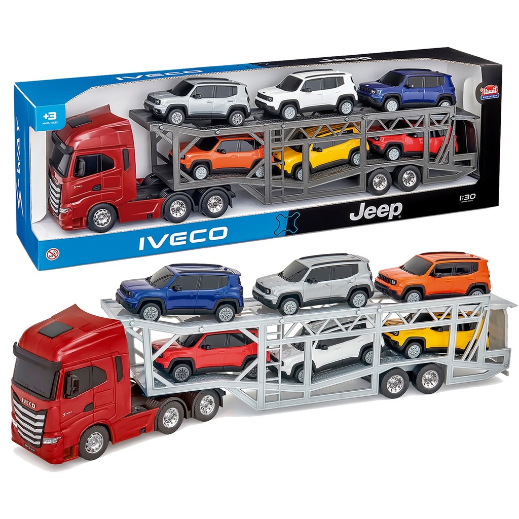 Brinquedo Caminhão Iveco S-way Cegonha Com 6 Jeep Renegade