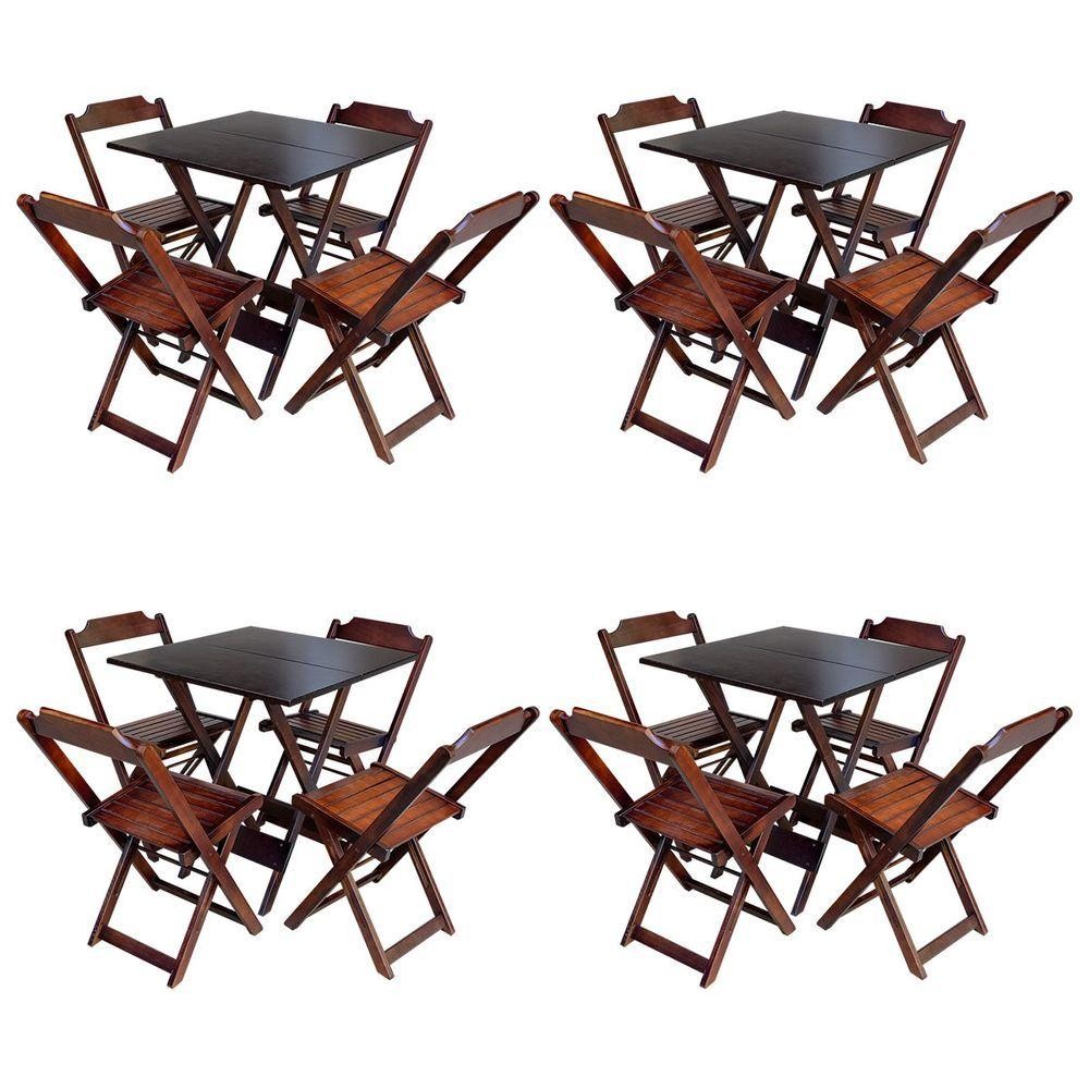 Kit 4 Conjuntos De Mesa Com 4 Cadeiras De Madeira Dobravel 70X70 Imbuia - Marrom