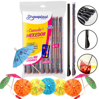 Kit 100 Enfeites Drink Guarda Chuva e 100 Canudo Mexedor Preto Strawplast em Oferta na Shopee