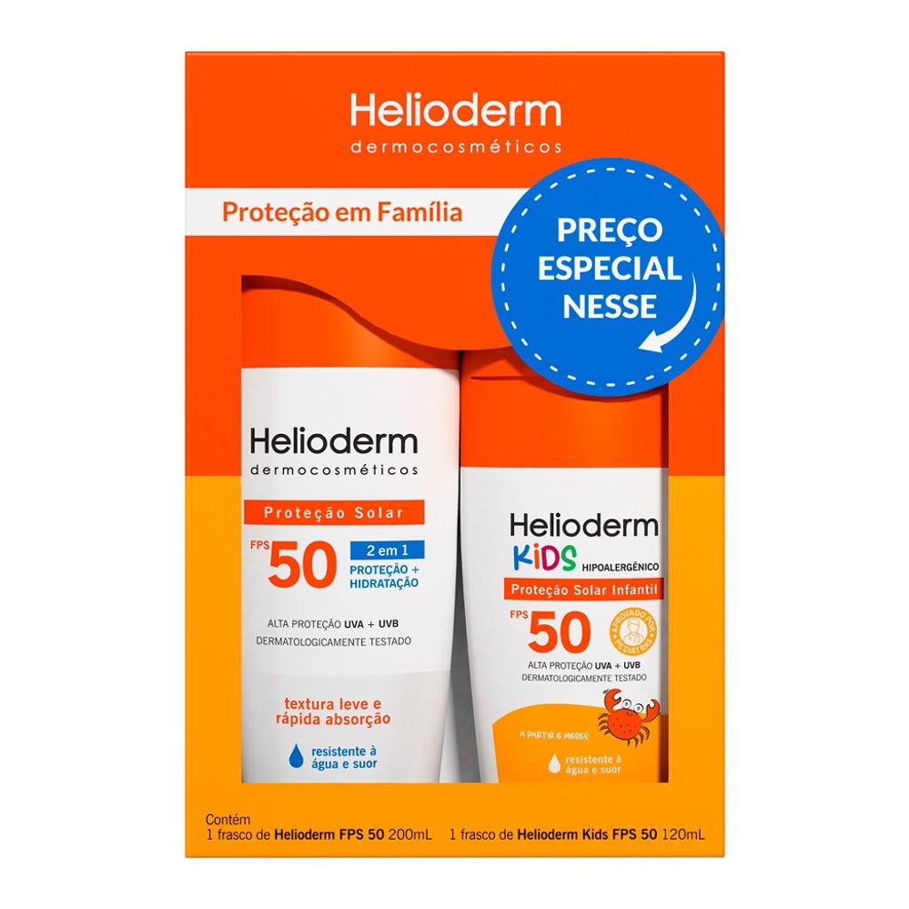 Kit Protetor Solar Família Helioderm Corporal Adulto FPS 50 200ml + Infantil Hipoalergênico FPS 50 120ml em Oferta na Shopee