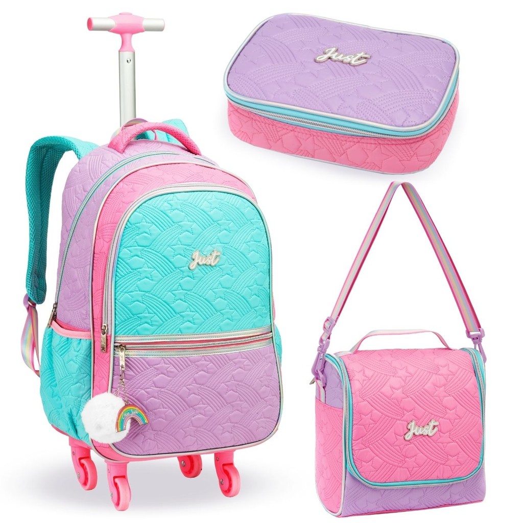 Kit Mochila Rodinhas 360º Lancheira Estojo Meninas Escolar