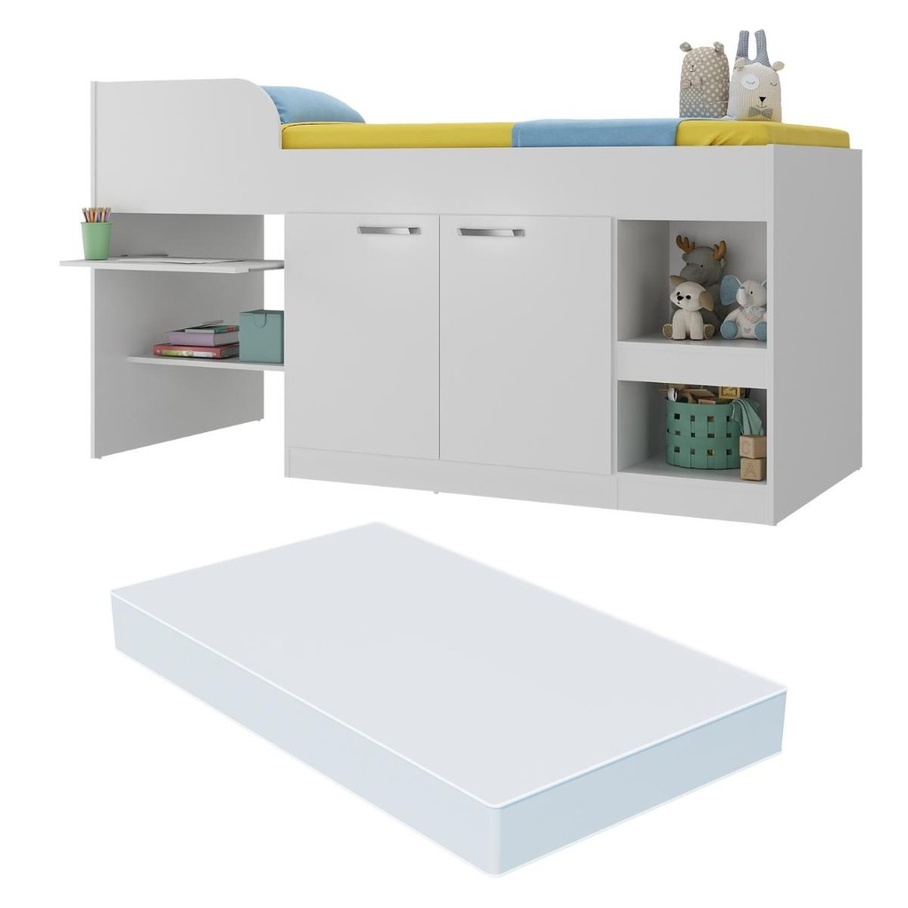 Cama Solteiro Multifuncional com Colchão Incluso 2 Portas e Escrivaninha Multimóveis MP4233 Branco - Mom & Baby