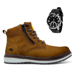 Bota Masculina Coturno Casual Macio De Couro Cano Médio + Relógio em Oferta na Shopee