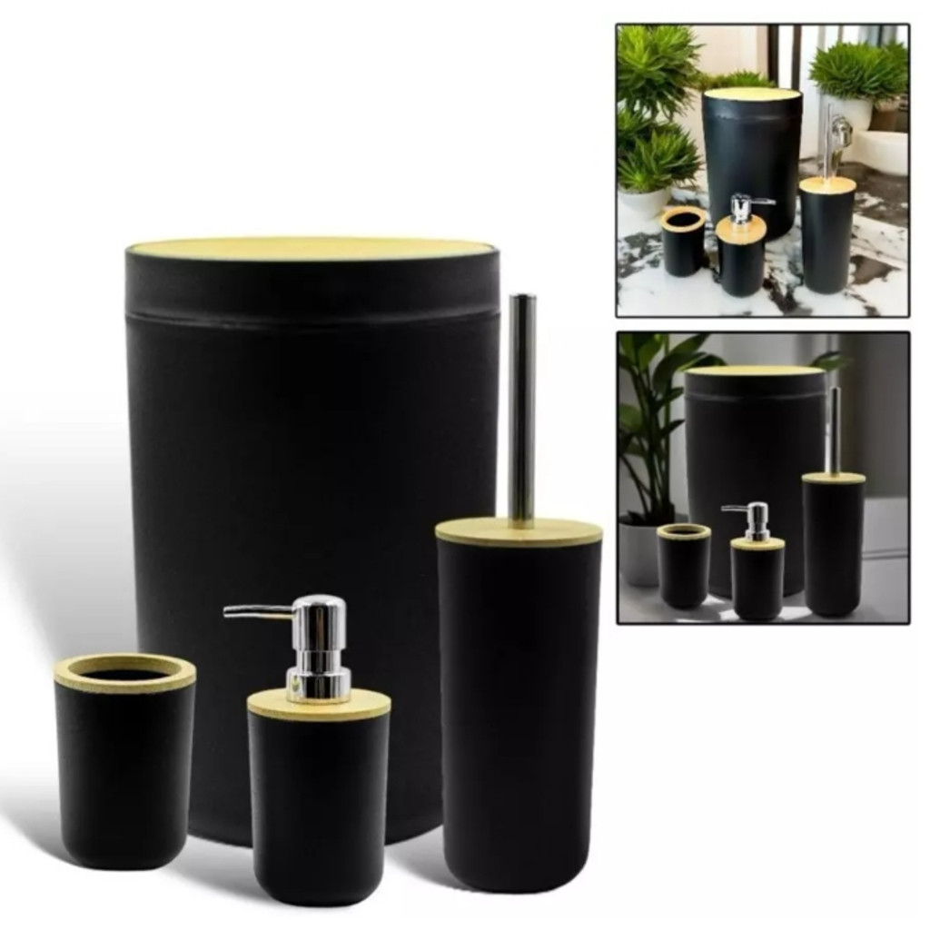 Kit Banheiro Conjunto 6 Peças Completo Lixeira Tampa Basculante Bambu Lavabo Escova Sanitária