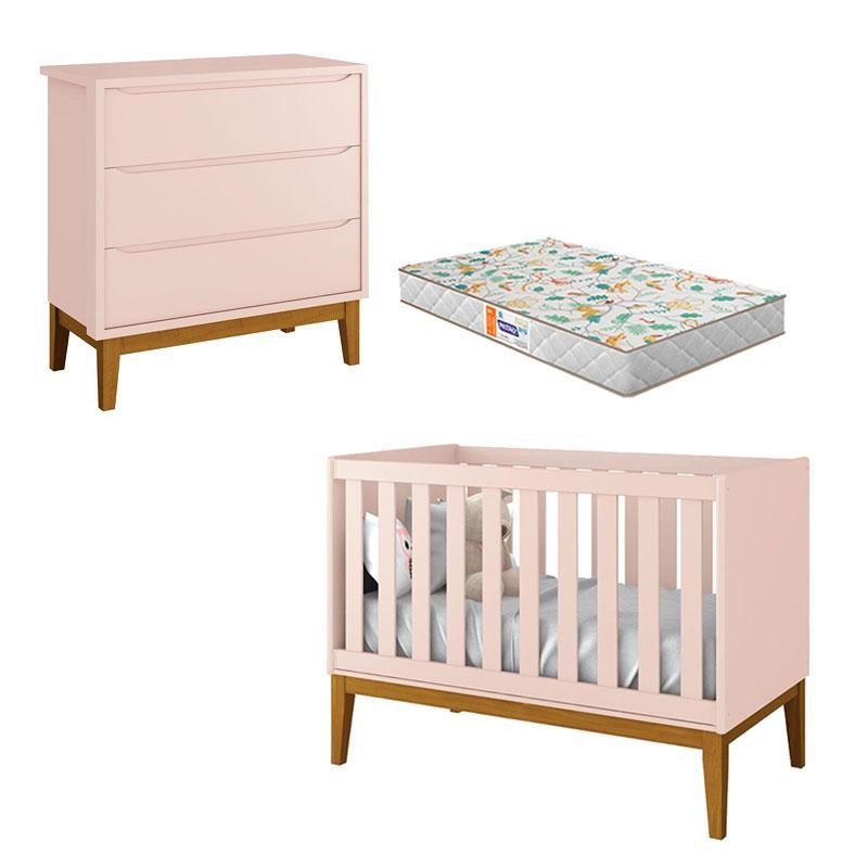 Berço Americano e Cômoda Gaveteiro New Classic Rosa com Pés Madeira e Colchão Gazin – Reller