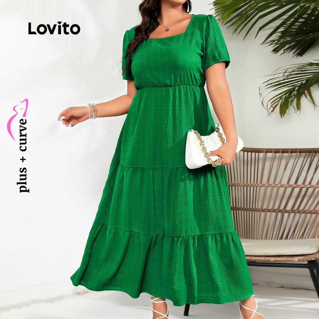 (Trendy) Lovito Vestido Plus Size curva elegante liso de camada dupla para mulheres LBL24187 - Women Clothes