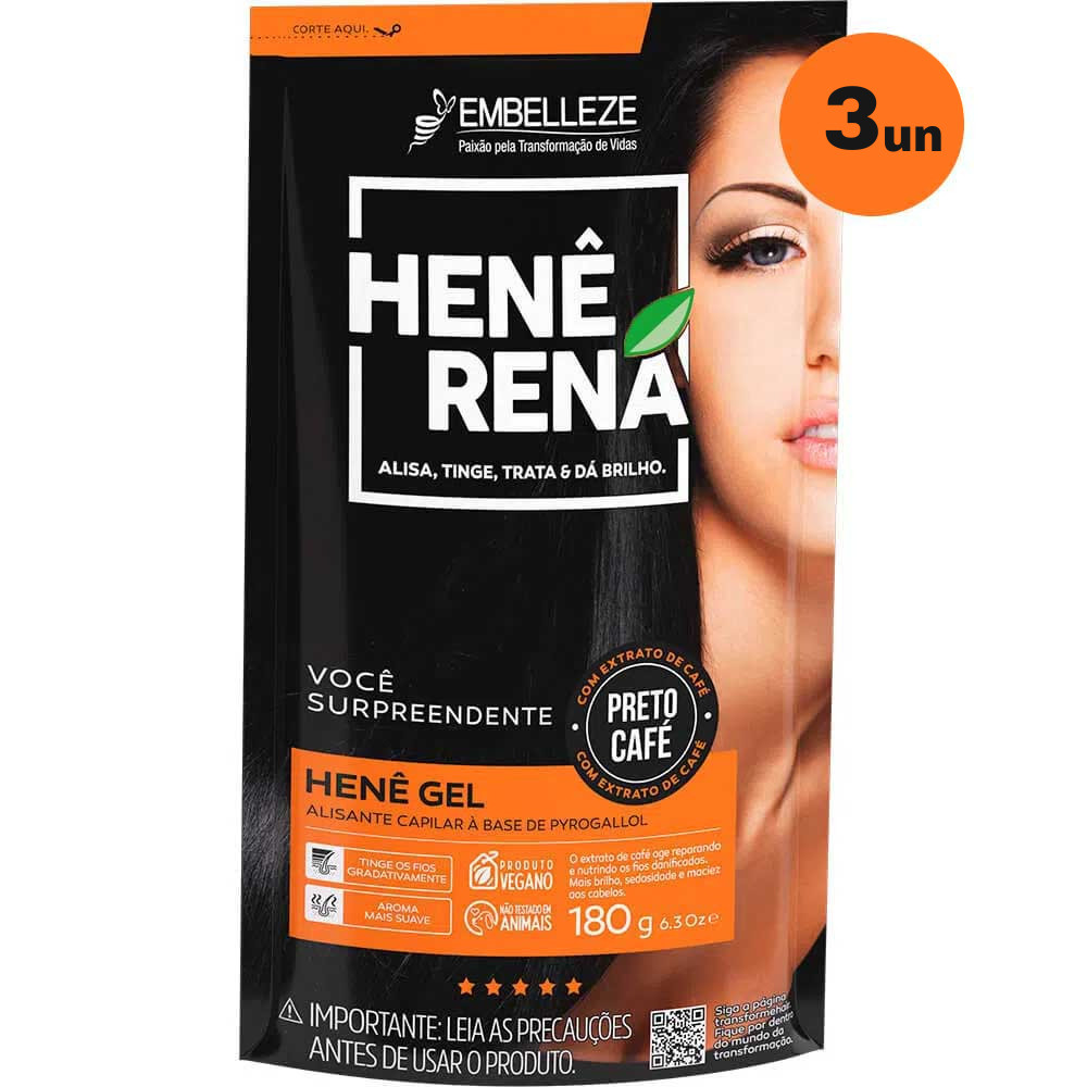 Kit c/ 3un Hene Rena Em Gel 180g Preto Café Embelleze em Oferta na Shopee
