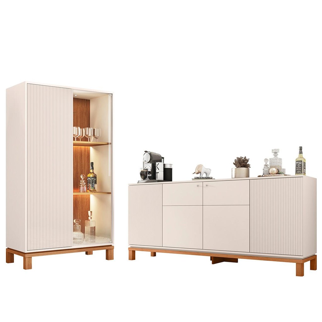 Buffet Aparador e Cristaleira com LED Lucca Off White/Freijó C01 - Mpozenato em Oferta na Shopee
