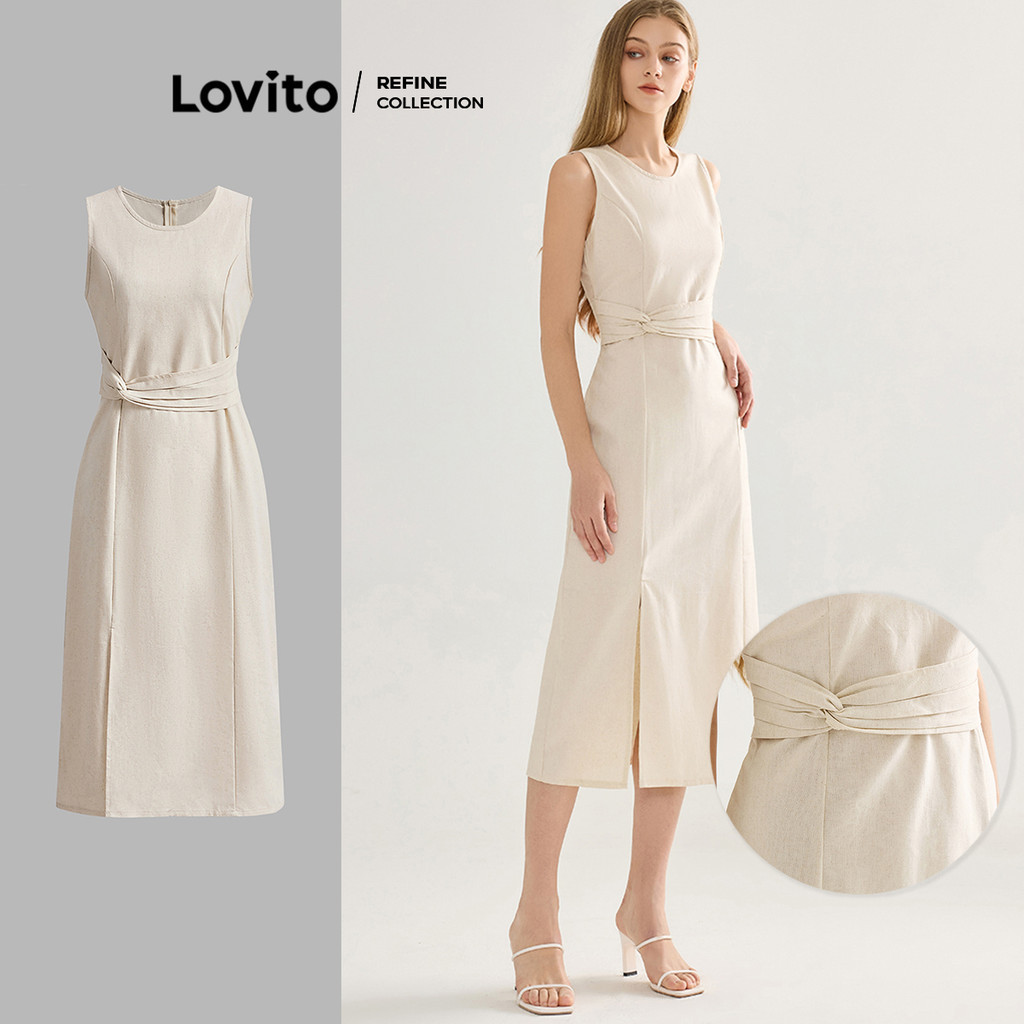 (Lovito Refine) Vestido Elegante Com Estrutura Lisa E Nó Dividido Para Mulheres L119ED031 - Women Clothes