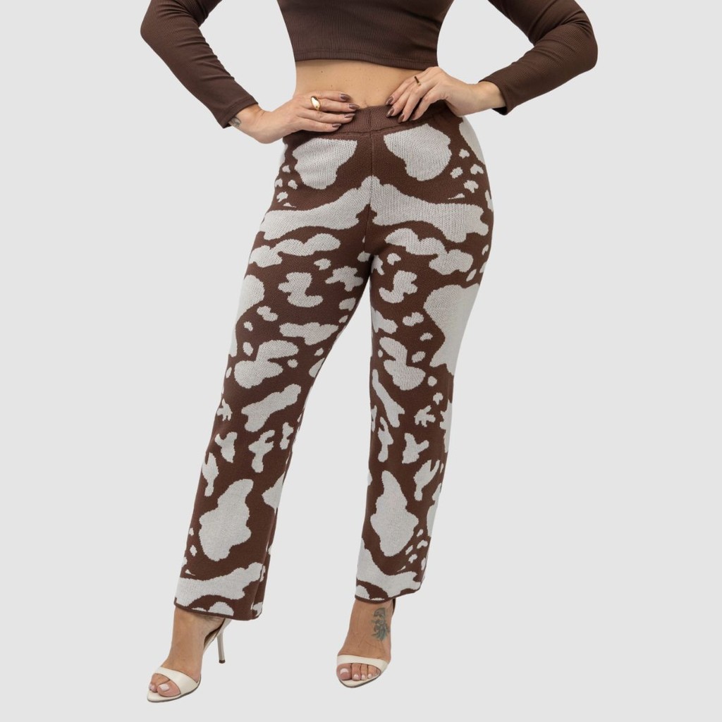 Calça Pantalona Feminina Confortável Com Estampa Animal Print Moda Gringa Outono