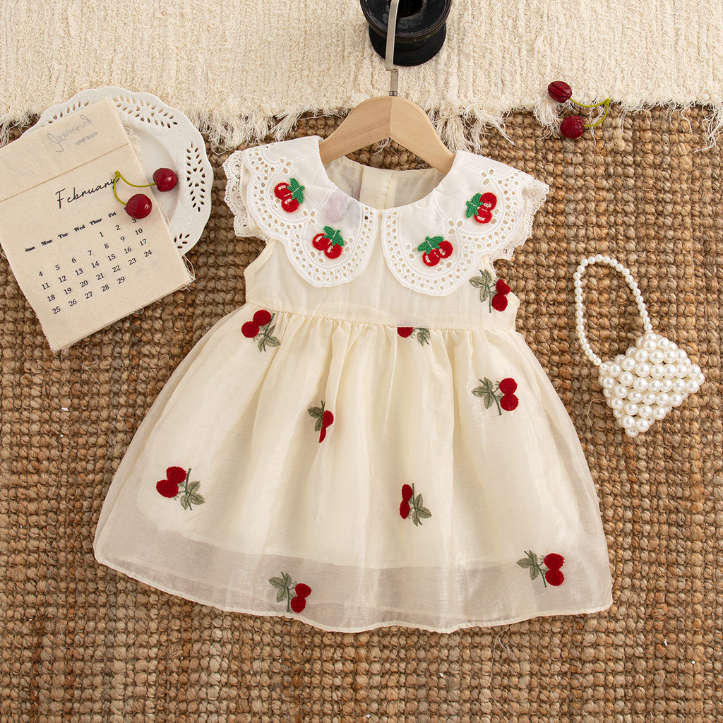 Vestido Feminino Cereja Bordado Renda Boneca Gola De Chiffon Para Meninas Princesa