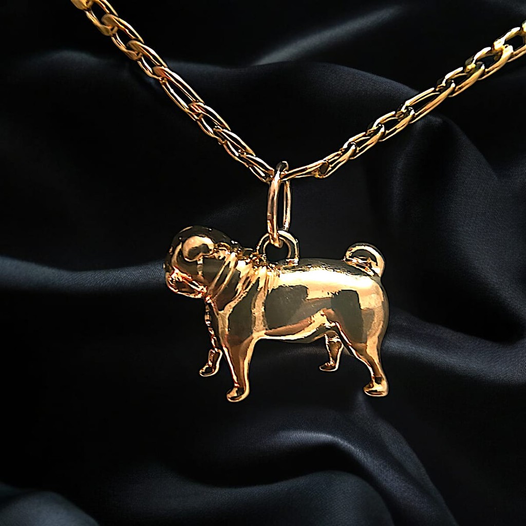 Corrente em Aço Inoxidável 316L 60cm e Pingente de Cachorro Raça Pug em Zamac Banhados Ouro 18k
