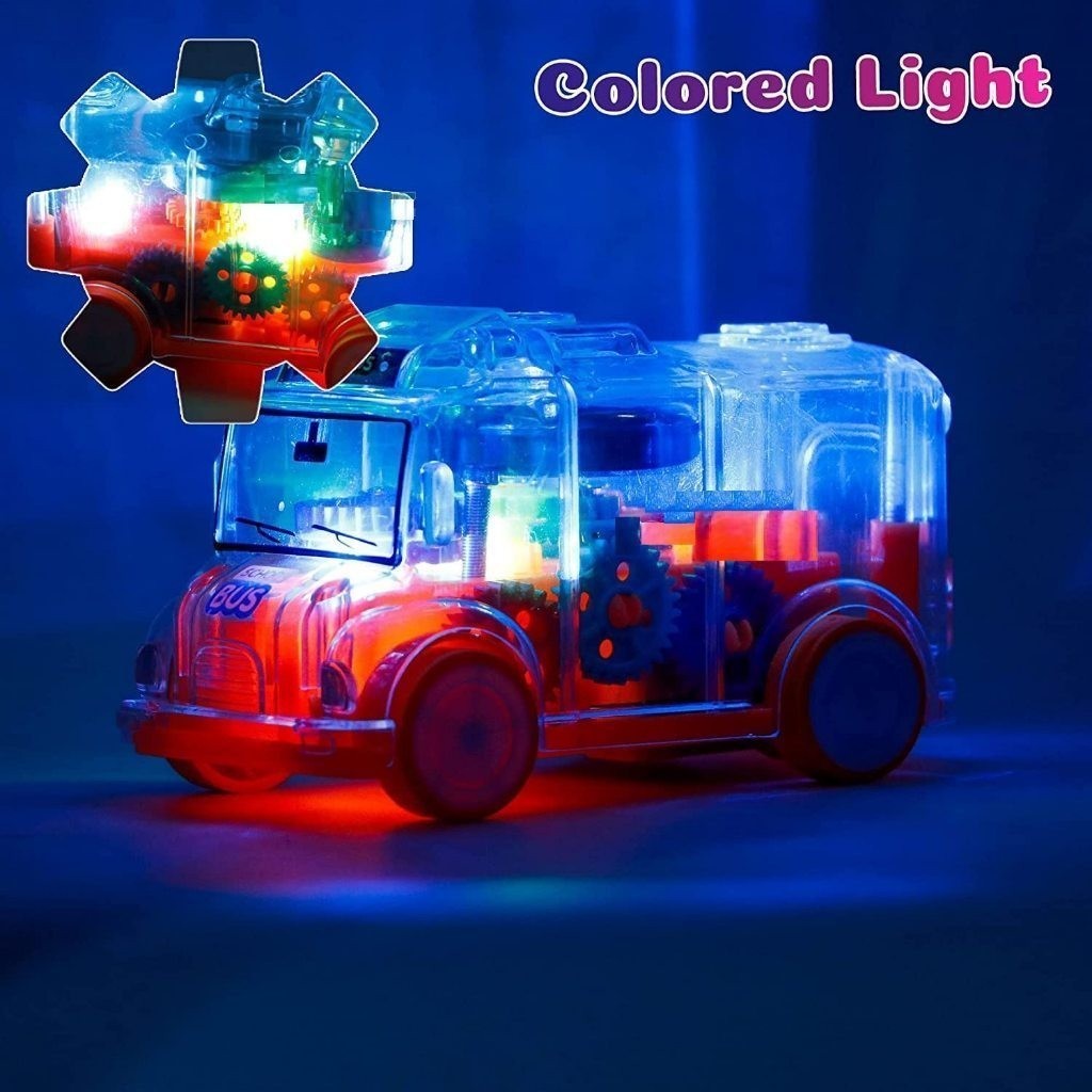 Carrinho Ônibus Escolar Transparente com Engrenagens- Com Luz e Som- Movimentação por Inércia (Fricção)- Brinquedo