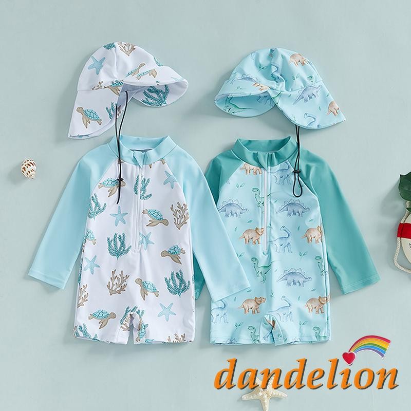 0-3 Anos Bebê Meninos Verão Roupa De Banho Casual Dinossauro/Mar Criatura Impressão Zíper Rash Guard Maiô E Chapéu Beach