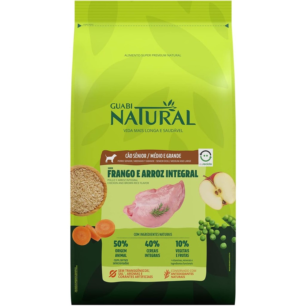 Ração Guabi Natural Caes Senior de Porte Medio e Grande Sabor Frango e Arroz 12kg