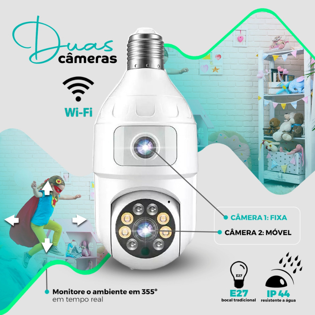 camera de segurança lampada com duas lentes  wifi 360°