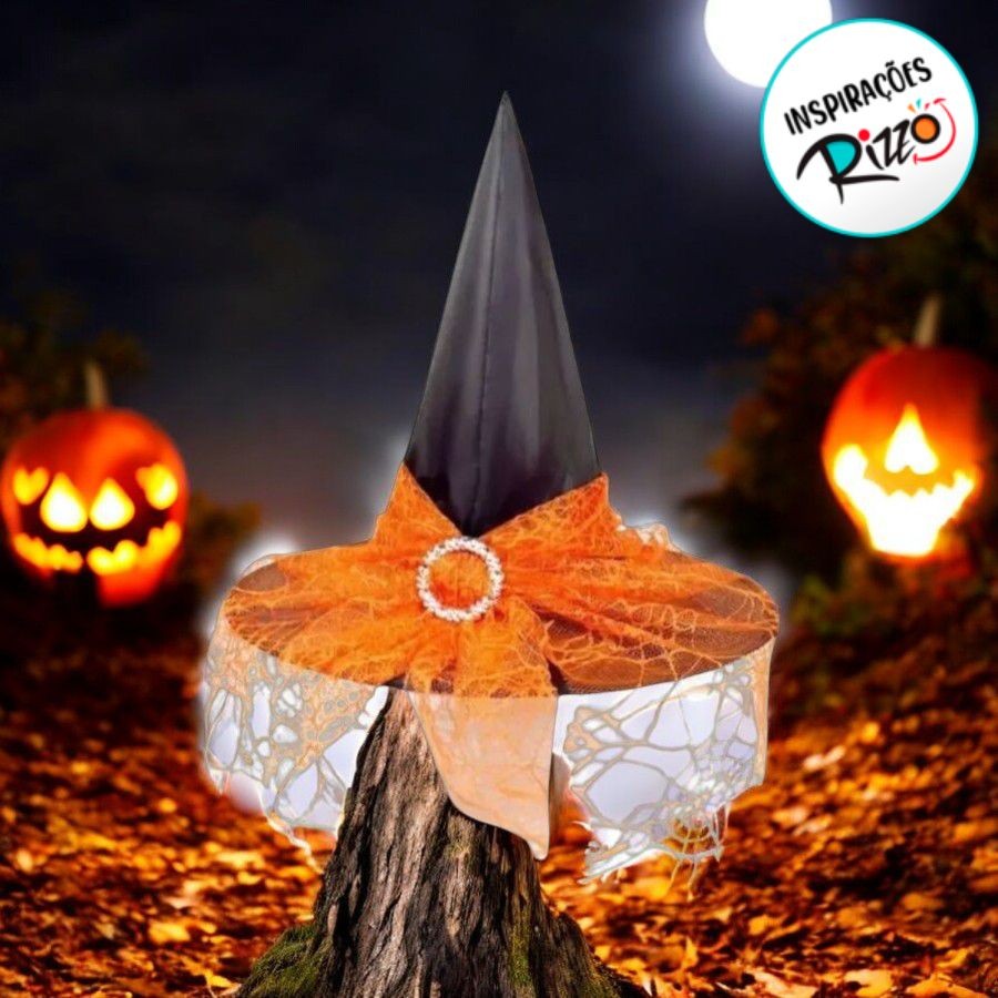 Detalhes do Chapéu de Bruxa Preto com Véu Laranja - 1 unidade - Rizzo