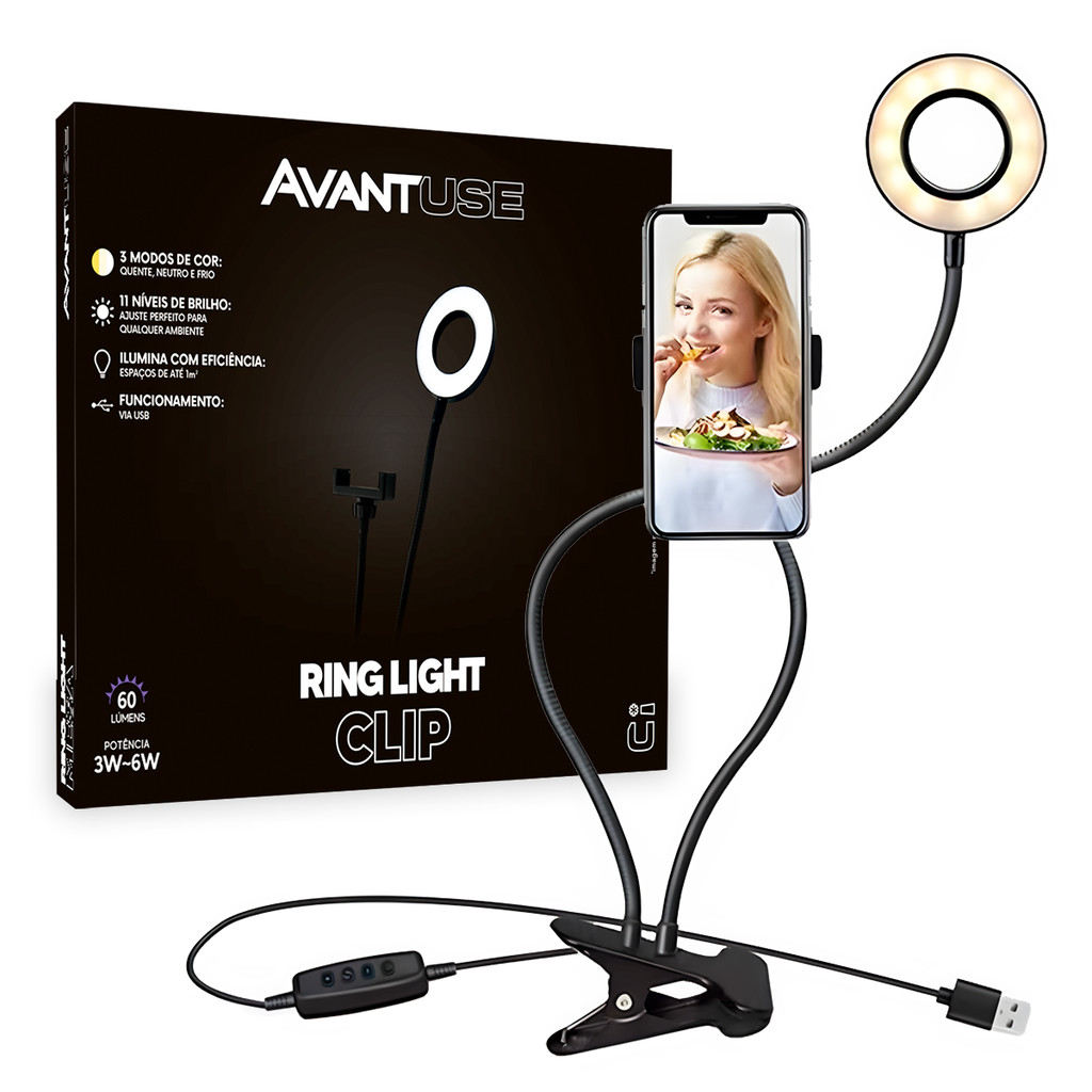Iluminador Ring Light Clip Universal 6w 3000K/6500K Com 11 Níveis de Brilho Avant Use em Oferta na Shopee