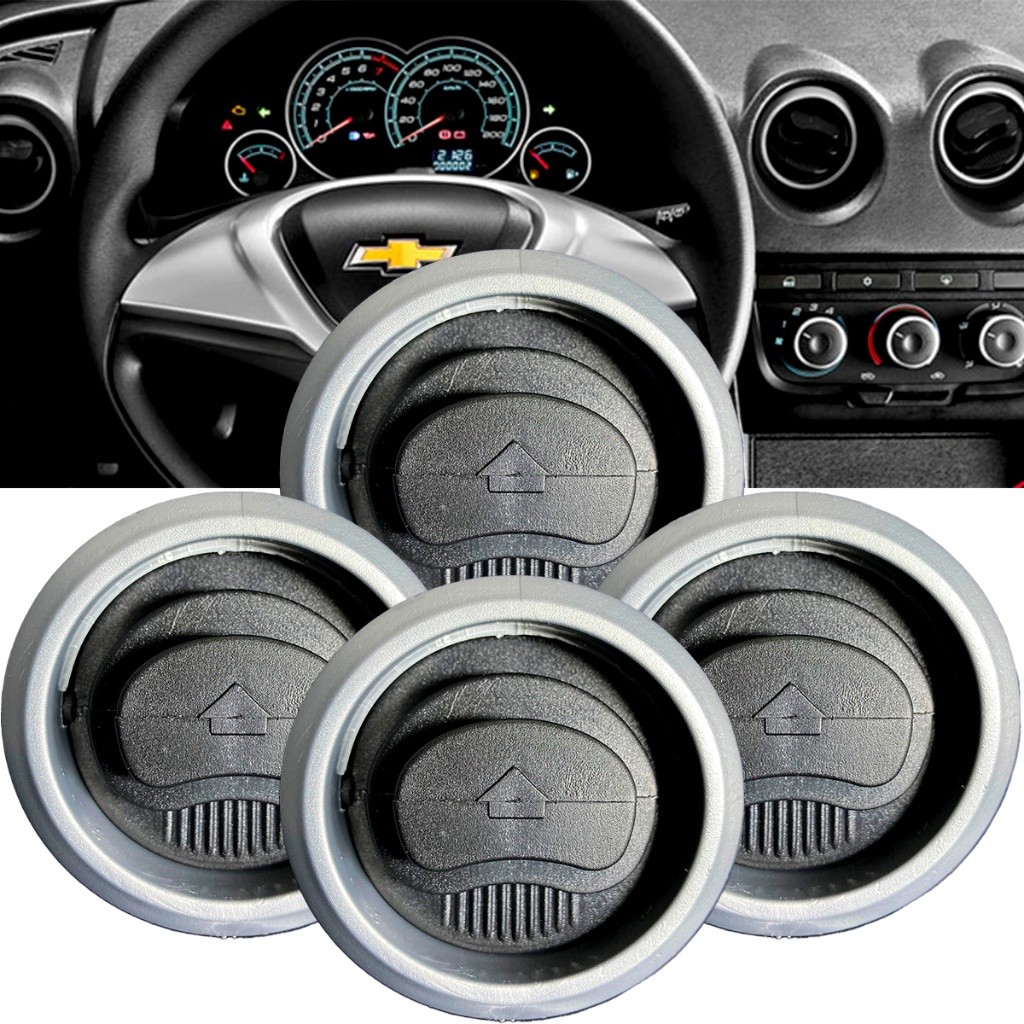 Kit com 4 Difusores de Ar Condicionado GM Celta Cor Preto Com Aro Prata 2001 02 03 04 05 2006