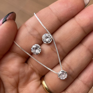 Conjunto Colar Veneziana Ponto de Luz Redondo e Brincos 6MM Com Zircônia Em Prata 925
