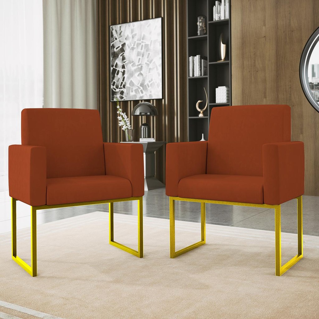 Kit 02 Poltronas com Base de Ferro Dourado Reforçada Balaqui