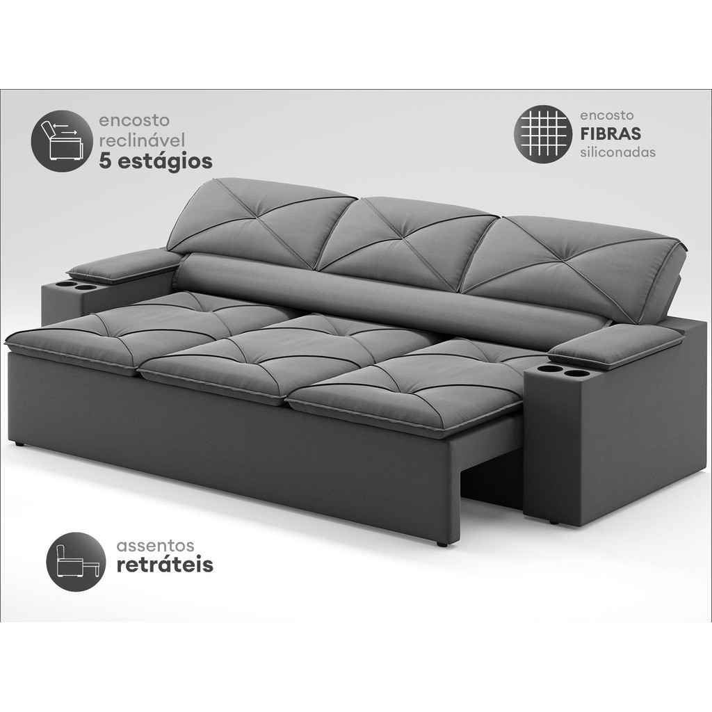Sofá com Porta Copos Retrátil e Reclinável Pop 2,05m Velosuede Grafite - NETSOFAS — imagem 2 de 2