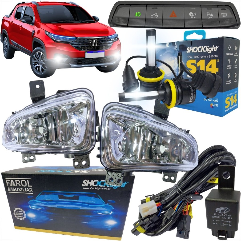 KIT FAROL DE MILHA STRADA FREEDOM 2020 a 2025 BOTAO MOD. ORIGINAL (COM DESEMBAÇADOR) + LÂMPADA LED S14 – SHOCKLIGHT