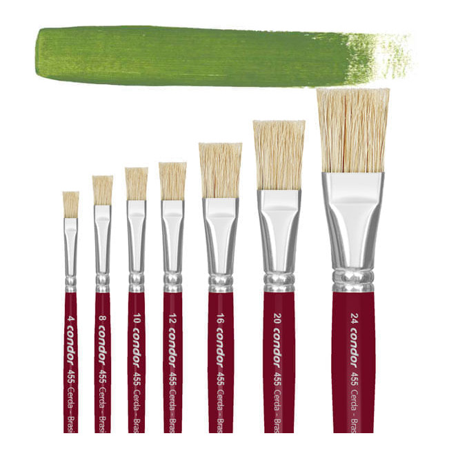 Pincel Condor 455 Chato Plano Cerda Alvejada Cabo Curto Para Pintura em Tecido e Artesanato