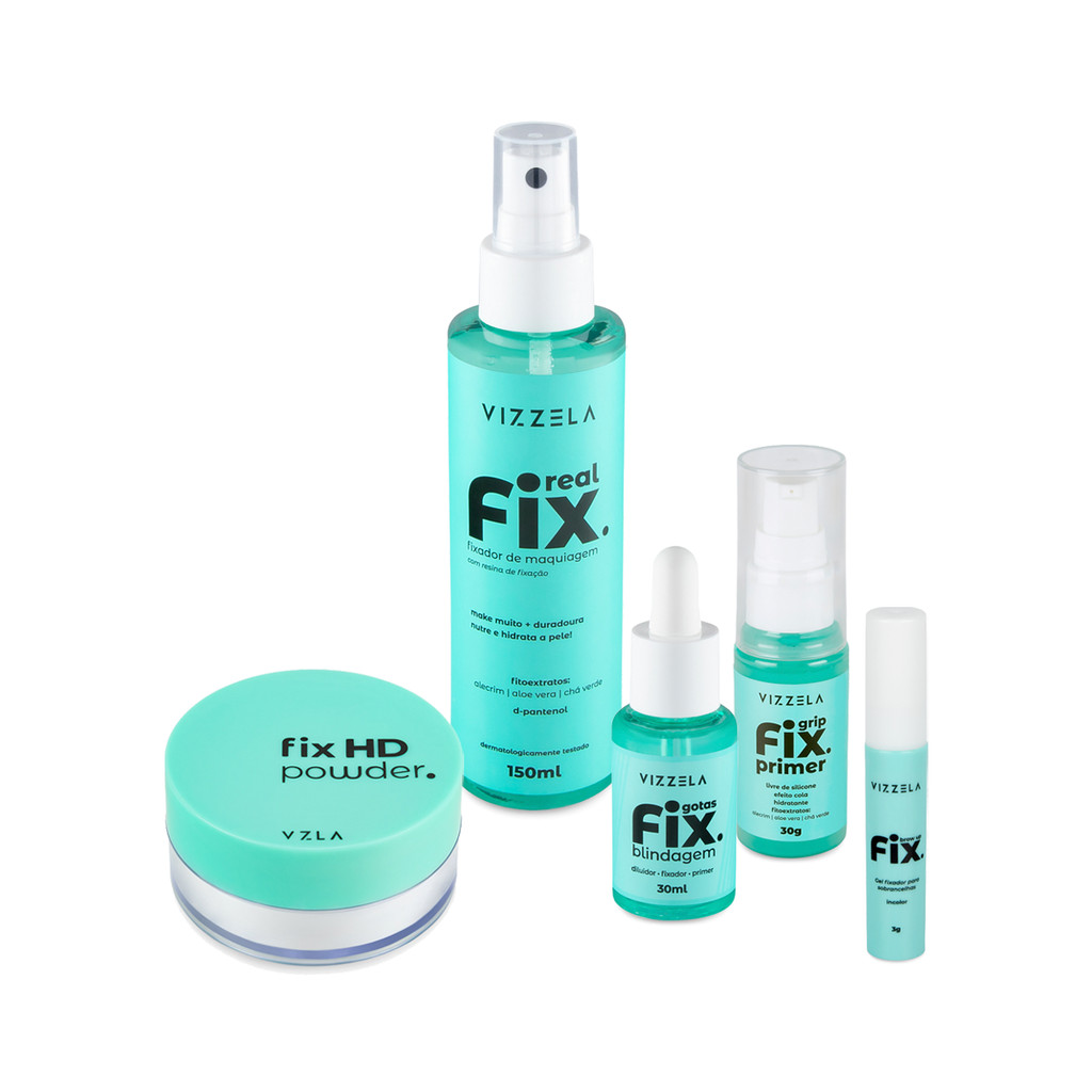 Kit Vizzela FIX Vegano 5x1 HD Powder + Spray Fixador + Gotas Blindagem + Grip Primer + Brow Up Gel