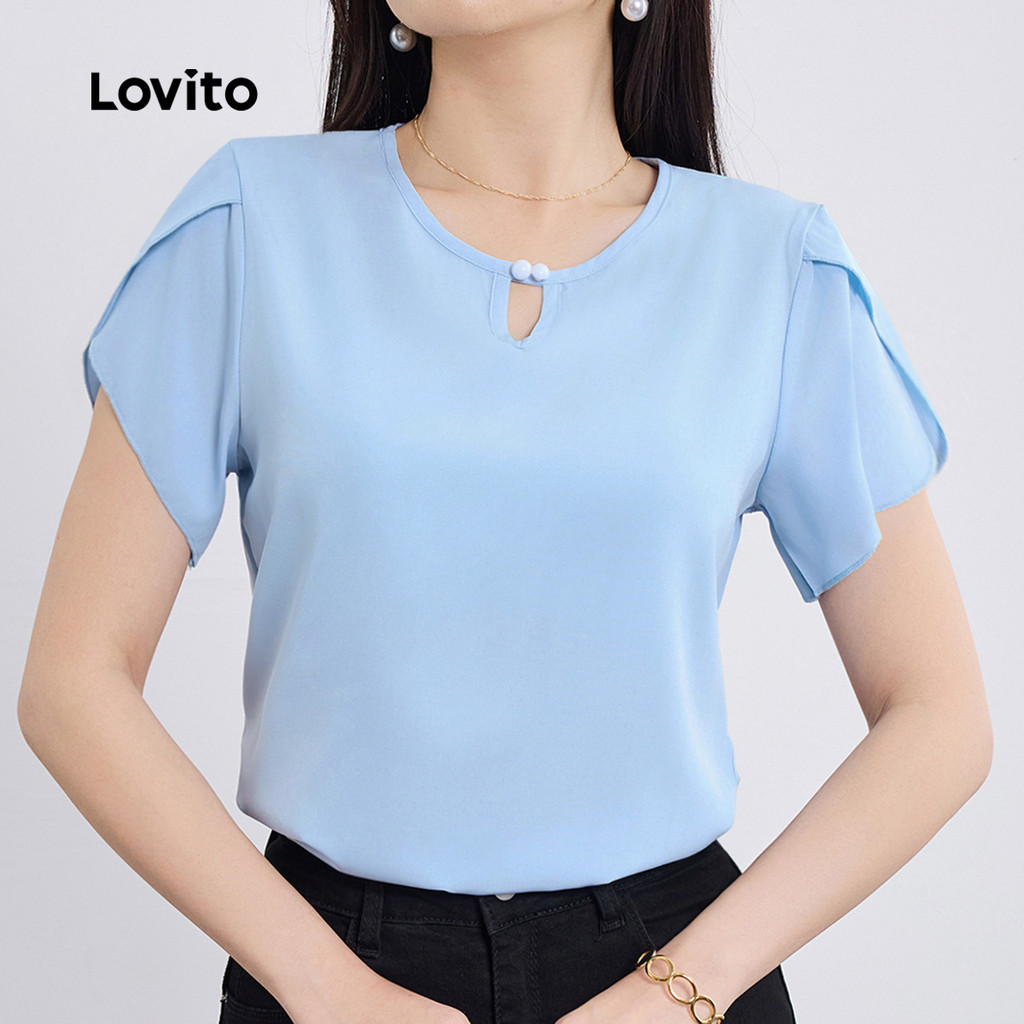 Lovito Blusa elegante com botões recortados lisos para mulheres L129ED370 - Women Clothes