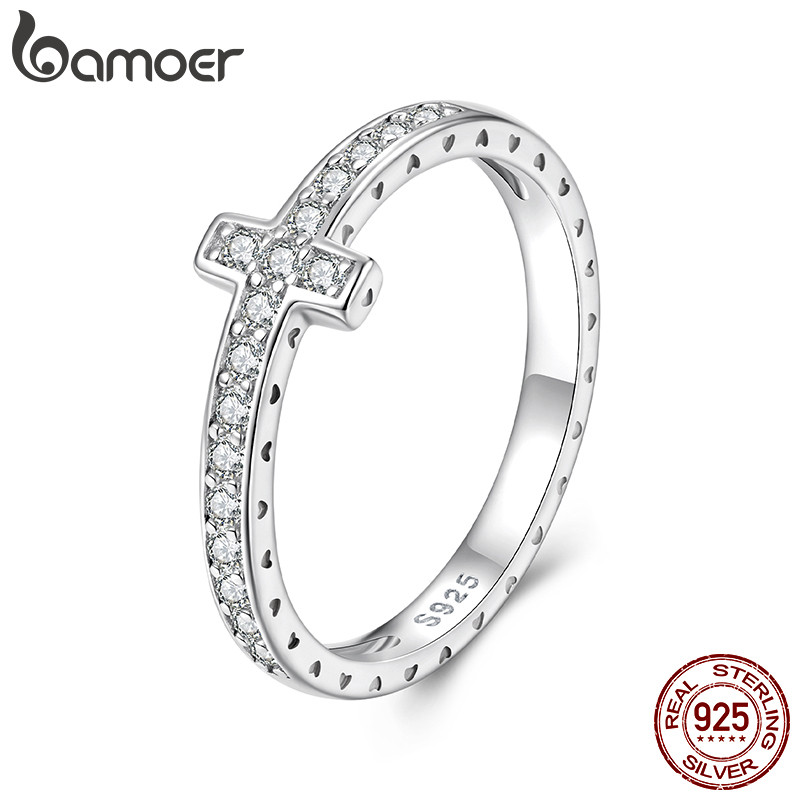 Anel De Prata Esterlina 925 Bamoer Cruz Moissanite Joias Da Moda Presentes Para Mulheres