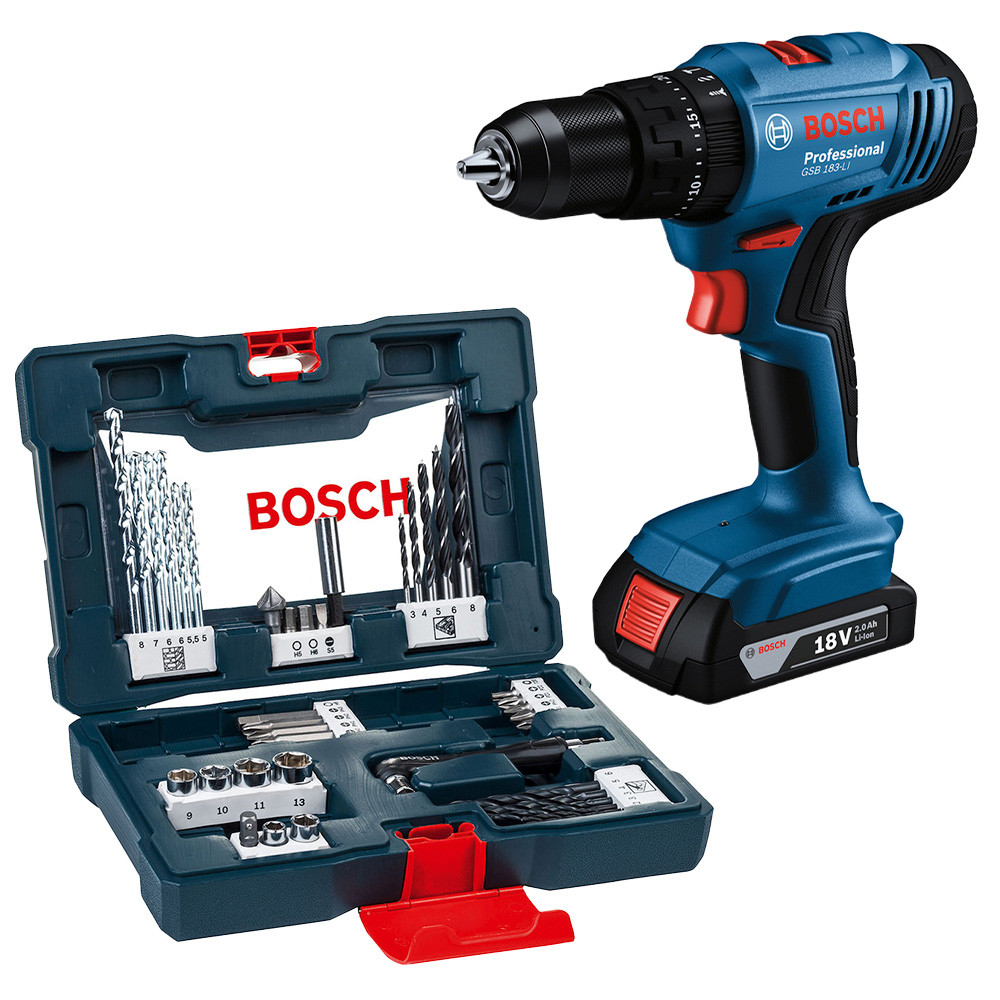 Furadeira Parafusadeira Bosch GSB 183-LI 18V com Bateria + Kit Brocas V-Line 41 Peças em Oferta na Shopee