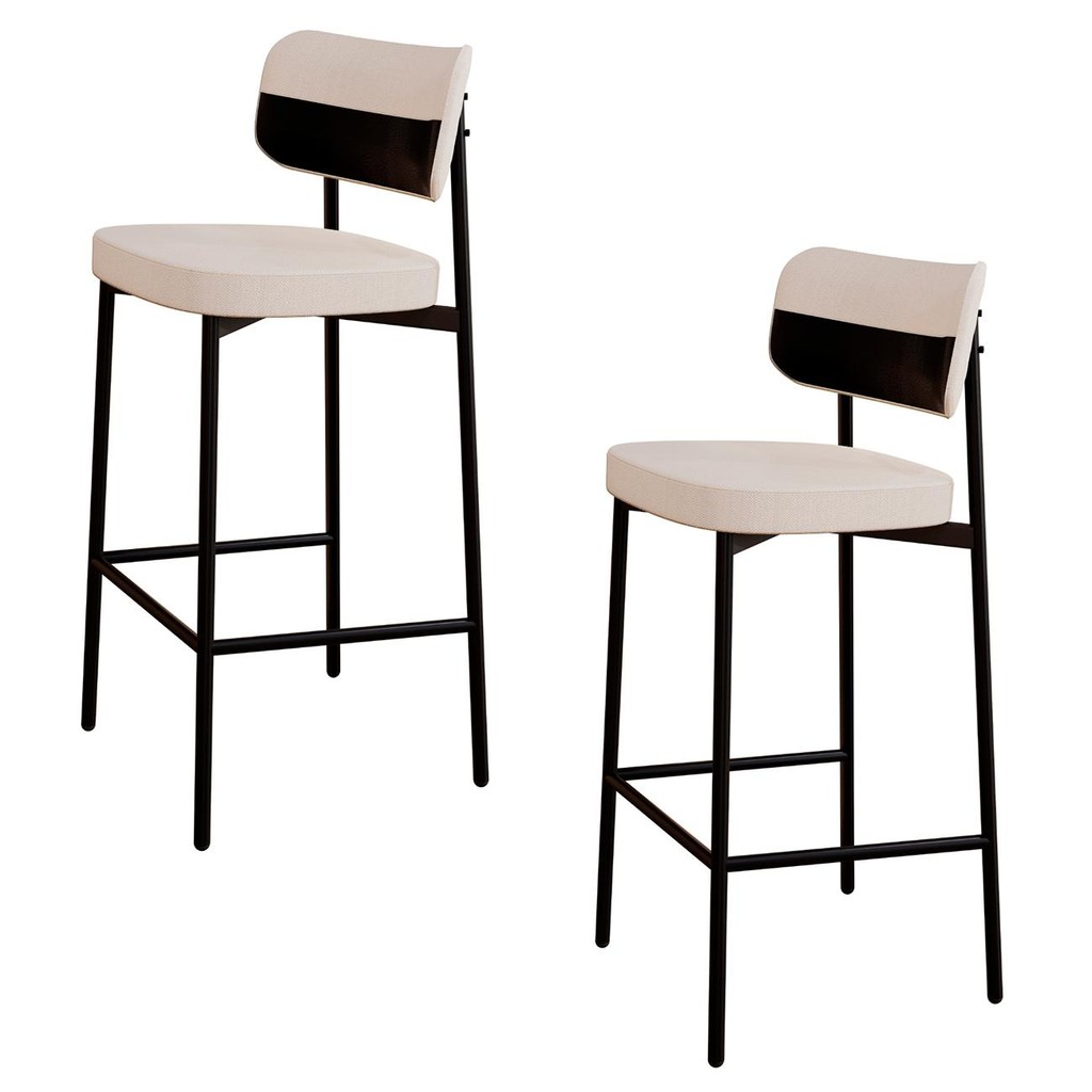 Banqueta Alta Bar Estofada Kit 2 Ella M25 Linho Palha/Preto - Mpozenato
