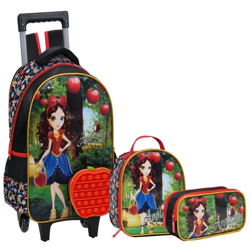 Kit Mochila Lancheira Estojo Escolar Menina Maça Applegirl Branca De Neve Princesa