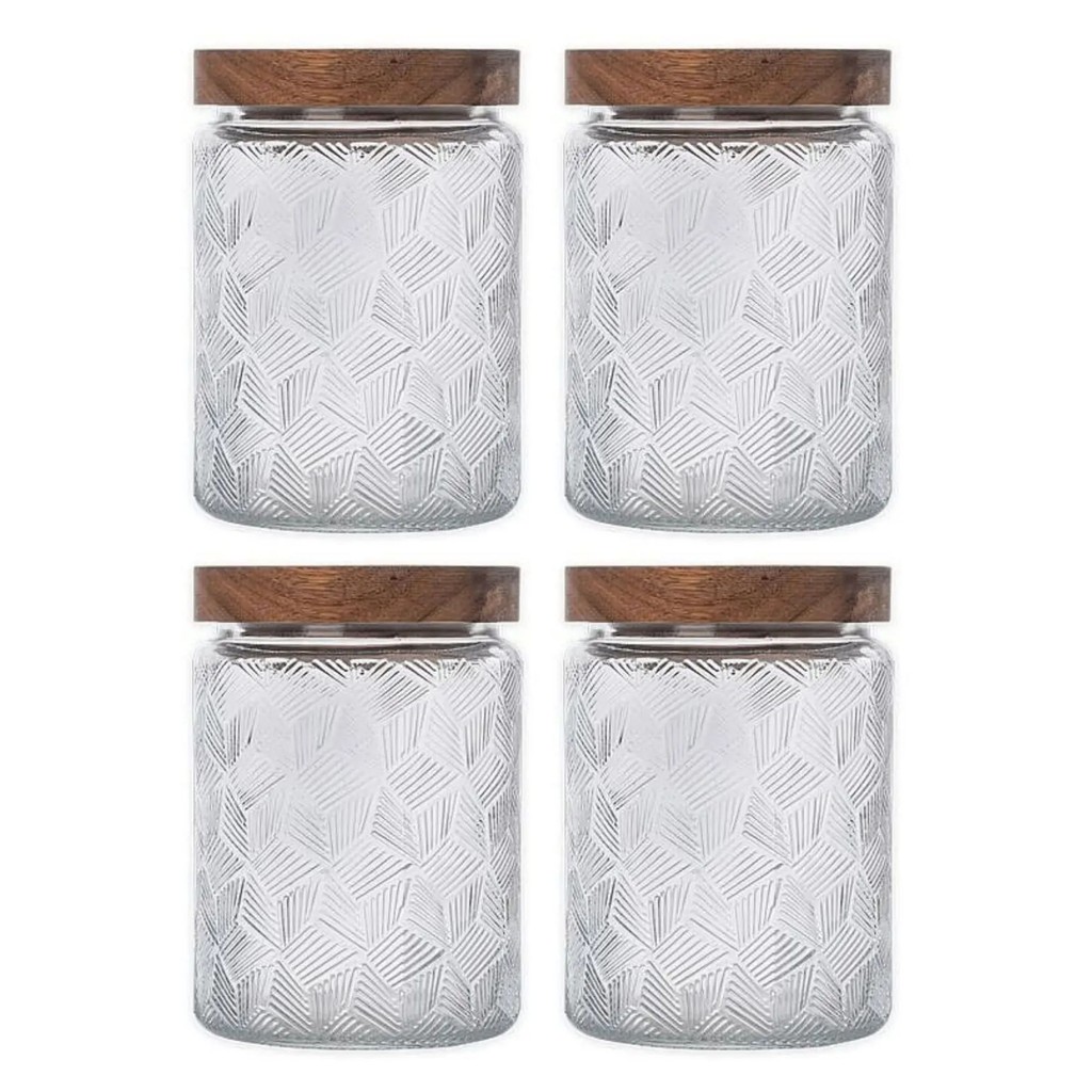Kit 4 Pote De Vidro Baleiro 750ml Redondo Hermético Tampa Acácia Madeira Rústico Elegante Versátil