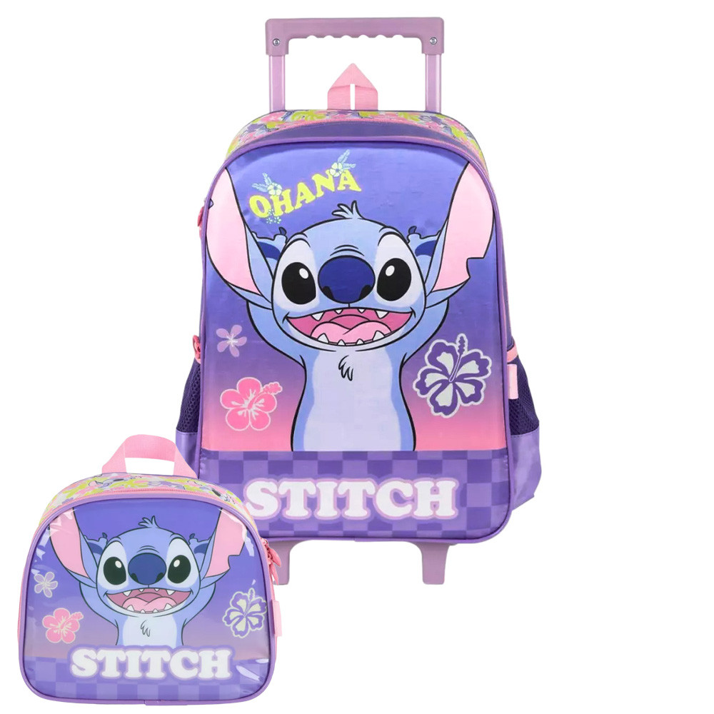 Kit Mochila De Rodinhas Lancheira Escolar Stitch Florido