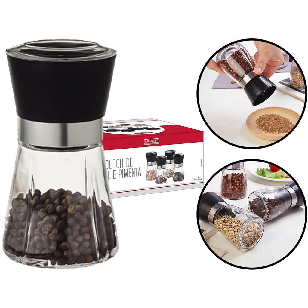 Moedor Para Sal Pimenta Tempero Condimentos Especiarias Triturador Manual Em Vidro E Metal 180ml em Oferta na Shopee
