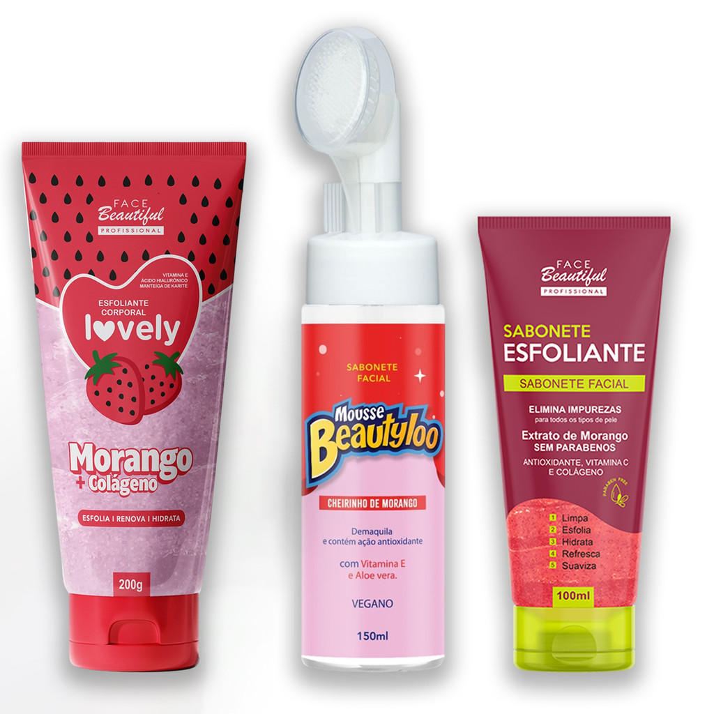 Kit Cuidados Faciais e Corporais Sabor Morango SkinCare Face Beautiful Lançamento