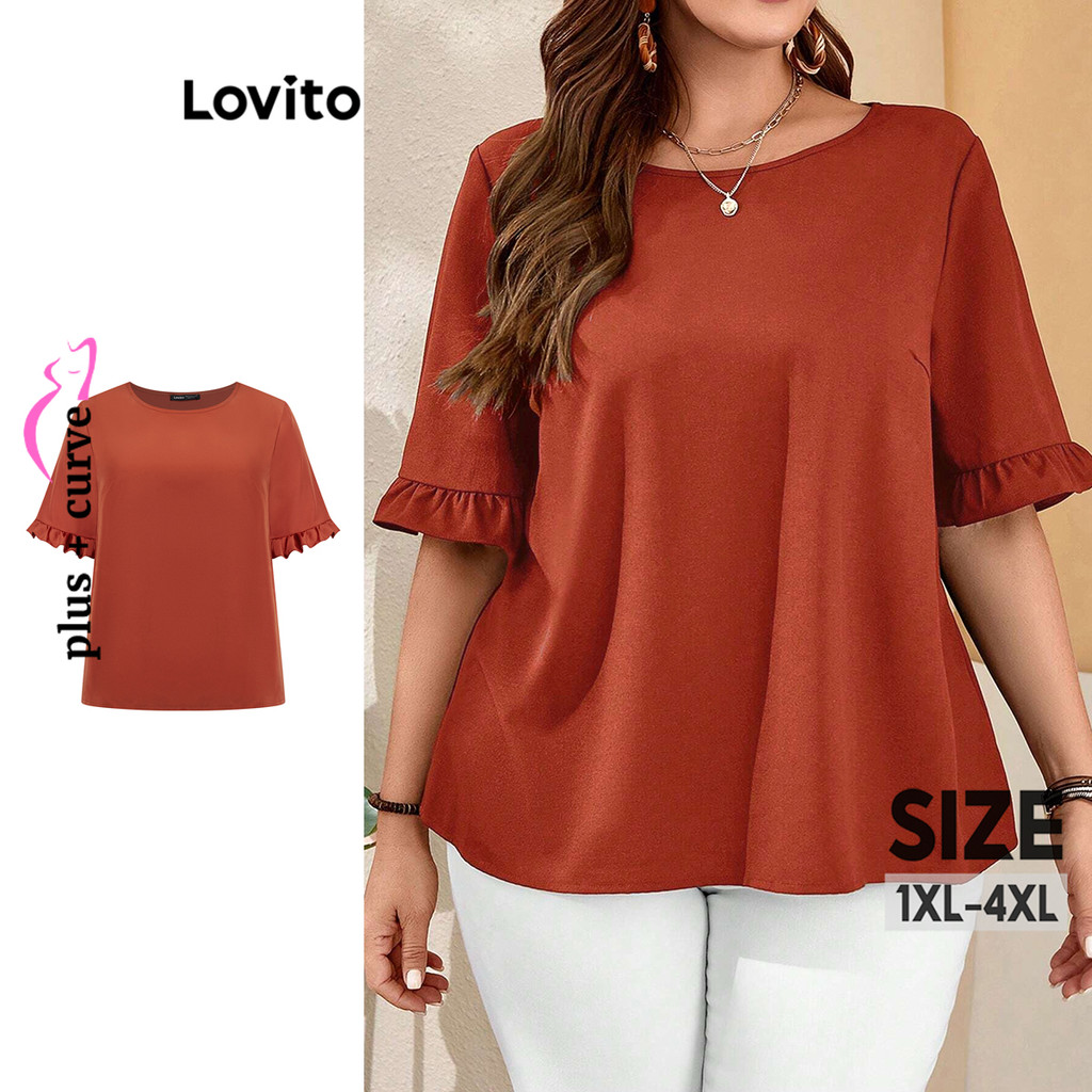 Lovito Blusa Curva Plus Size Elegante Blusa Lisa Com Babados E Babados Para Mulheres LBL17286 - Women Clothes