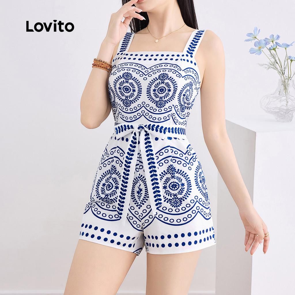 Detalhes do Lovito Macacão Boho Feminino com Estampa Tribal e Amarração Frontal L132ED206