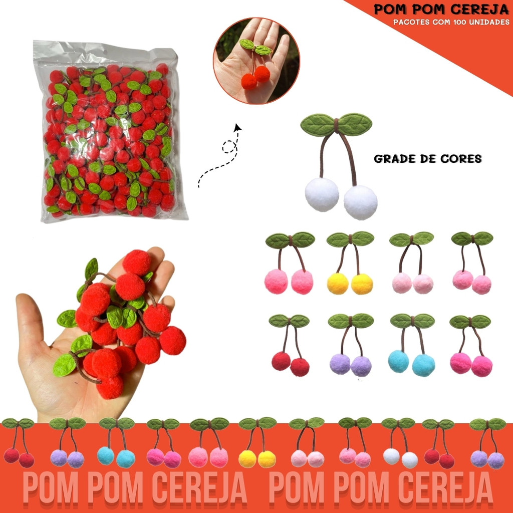 Aplique Pom Pom Cereja - Pacote c/100 unidades - Laços e artesanato