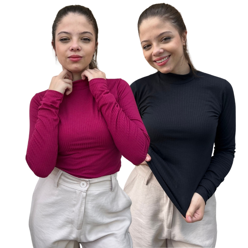 Kit 2 Blusa Gola Alta Básica Malha Canelada Feminina Estilosa 008-K2-C2