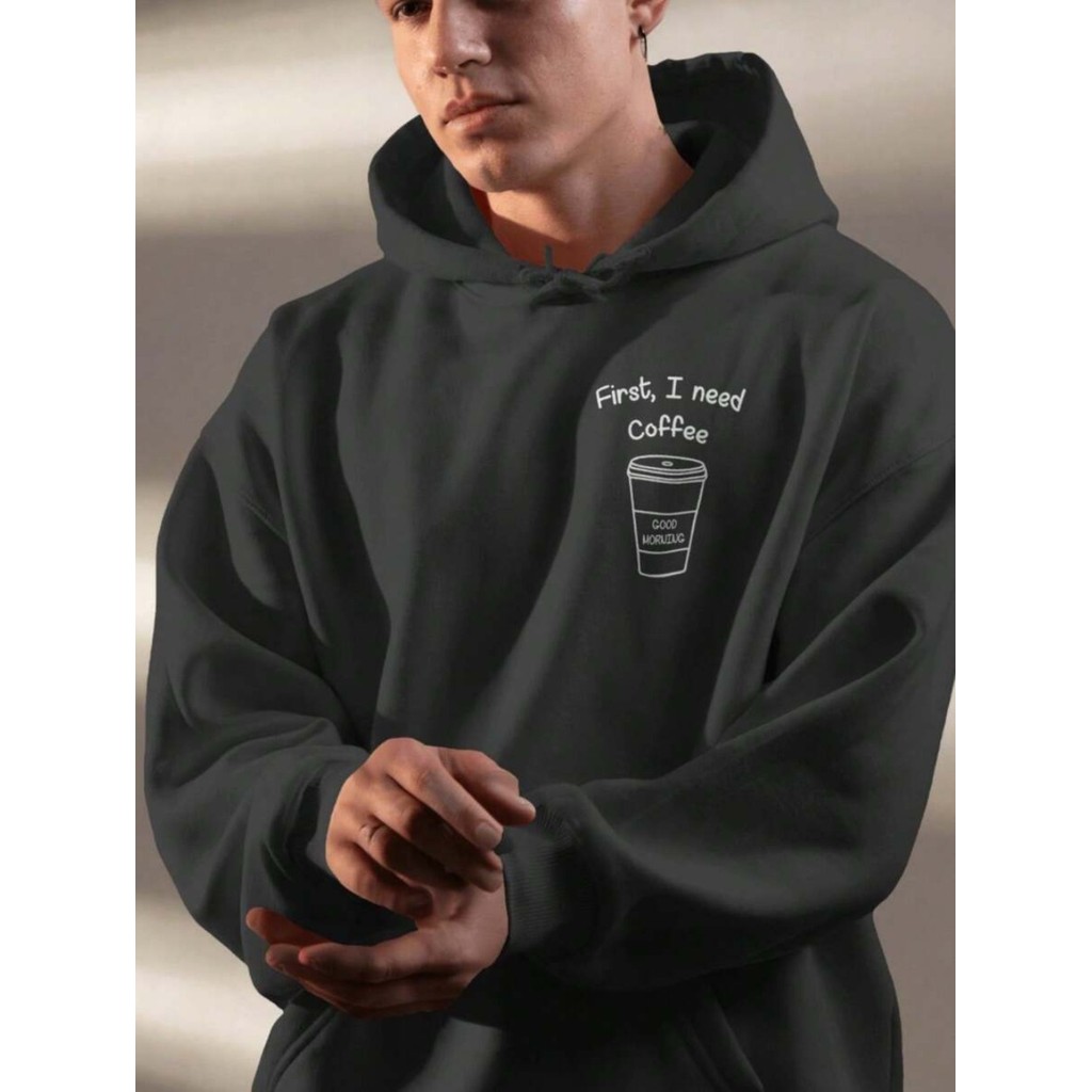 Moletom Masculino Blusa De Frio Casaco Detalhe Minimalista Estampa First I Need Coffee Café Lovers
