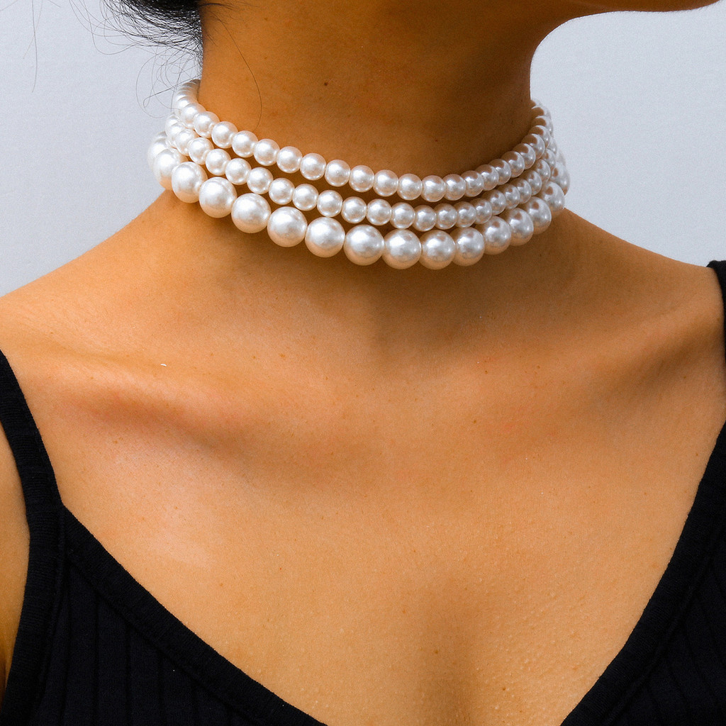 Colar curto de pérolas grandes multicamadas estilo boêmio, moda feminina, colar de pérolas, joias de casamento