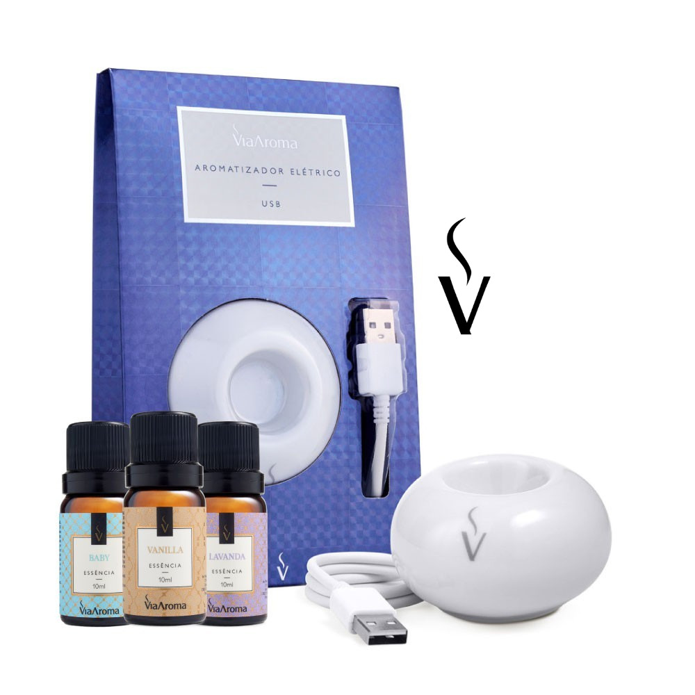 Kit Difusor Aromatizador USB + 3 Essências Baby, Lavanda e Vanilla - Via Aroma - Home & Living