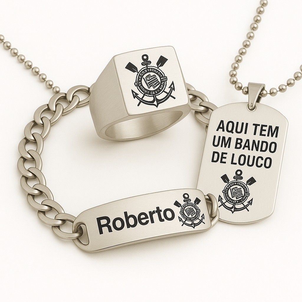 anel corinthians escudo kit anel  + corrente 60cm + pulseira + gravação
