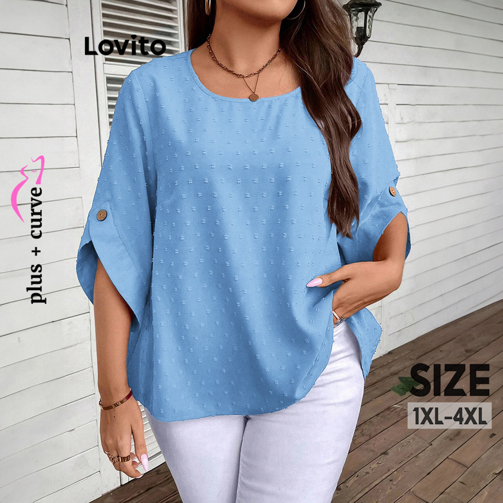 Lovito Blusa feminina plus size curva elegante com bolinhas e botão dividido em jacquard LBL14374 - Women Clothes
